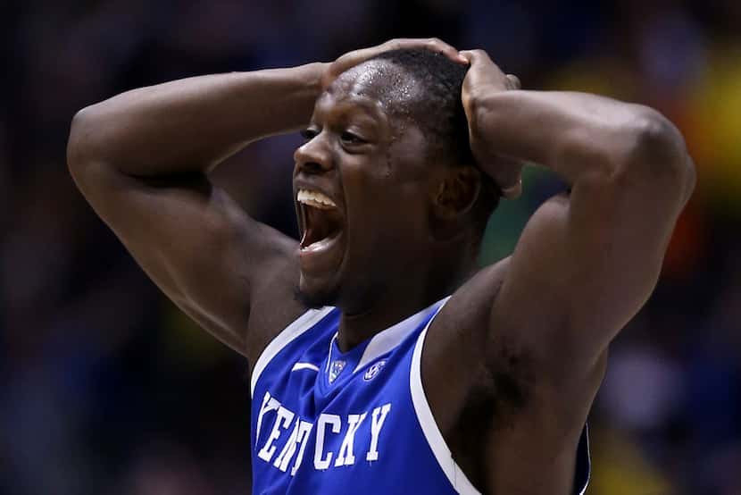 INDIANAPOLIS, IN - MARCH 30:  Julius Randle #30 of the Kentucky Wildcats celebrates after...