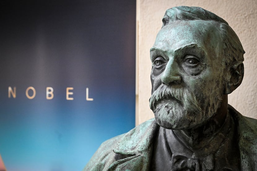 FILE - A bust of Alfred Nobel on display at the Karolinska Institute in Stockholm, Sweden,...