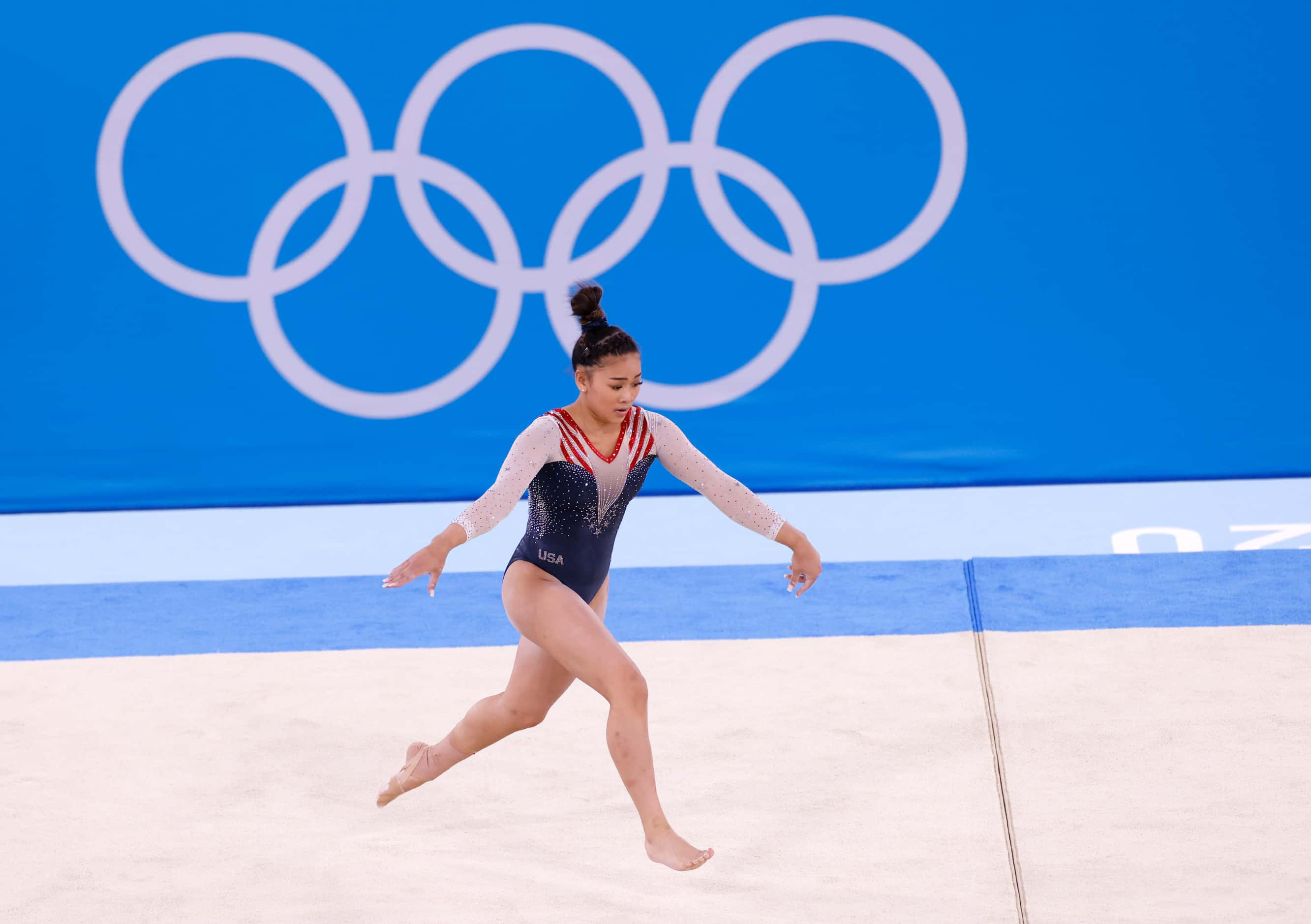 USA’s Sunisa Lee competes on the floor during the women’s all-around final at the postponed...