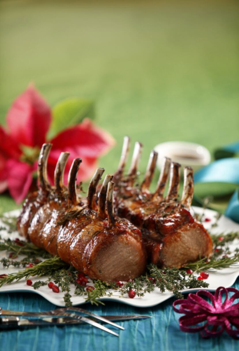 Slow-Roasted Pork Loin with Molasses and Balsamic Glaze. Scalloped platter and Christmas...