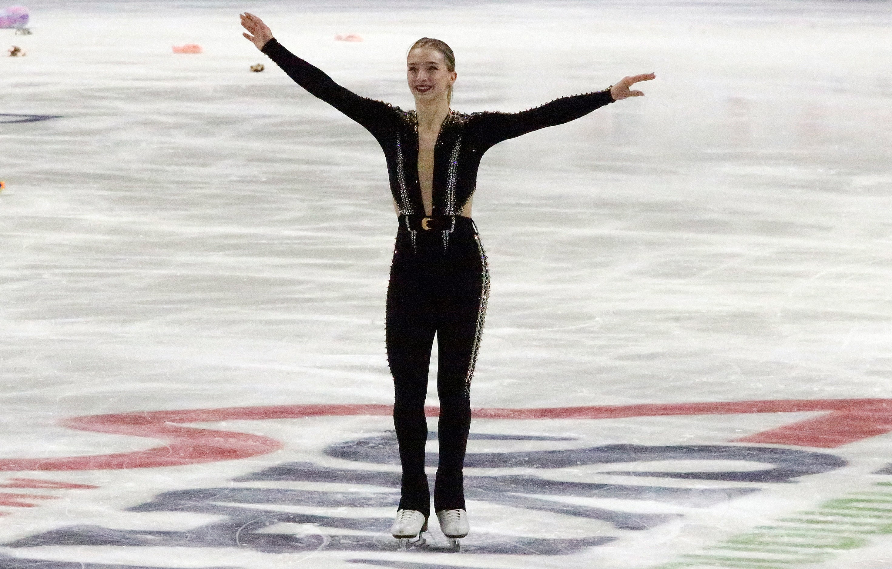 Plano resident Amber Glenn acknowledges the crowd after she performed representing the USA...