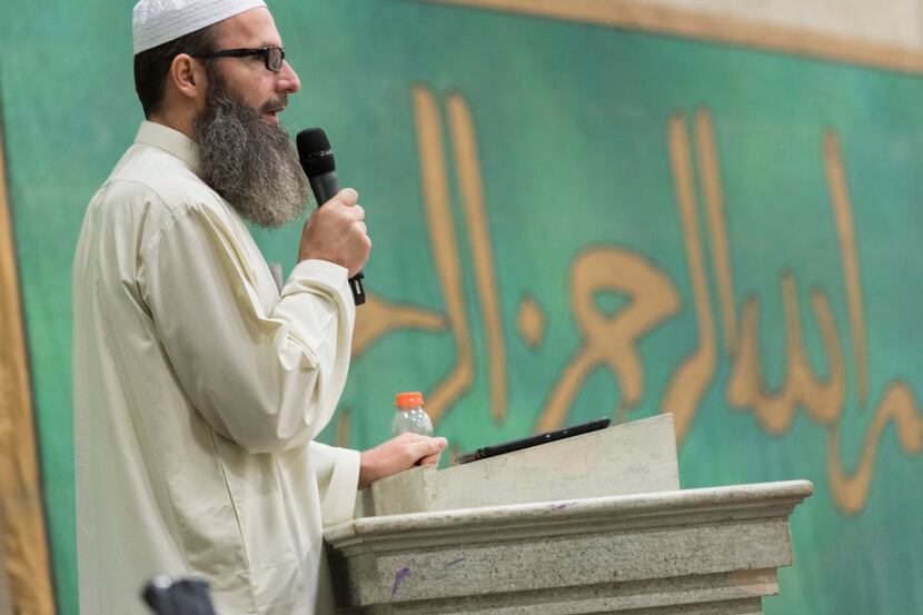 
Imam Shpendim Nadzaku from the Islamic Association of North Texas leads Muslims during the...
