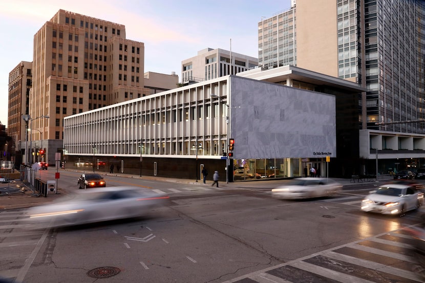 Exterior of the Dallas Morning News building in the old Dallas central library.