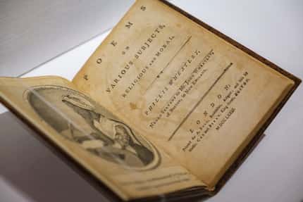 "Poems on Various Subject, Religious and Moral" by Phillis Wheatley, 1773, rests placed in a...