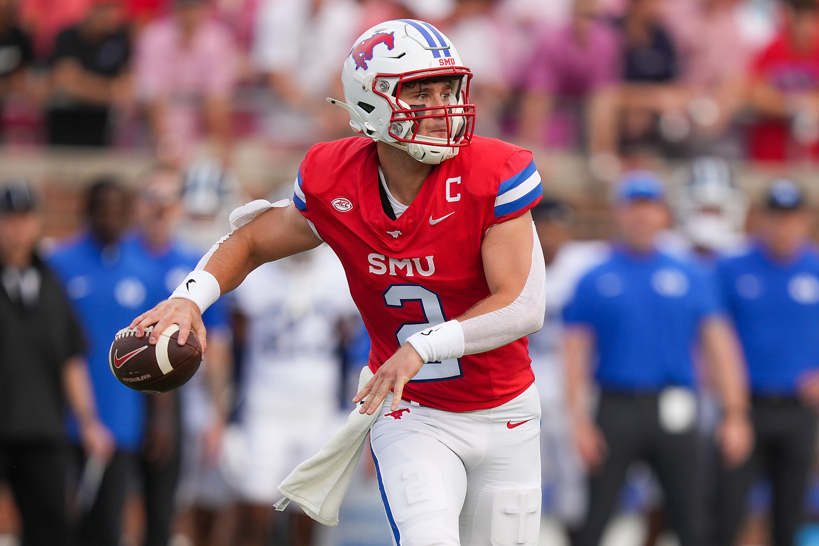 SMU quarterback Preston Stone (2) throws a pass during the first half of an NCAA football...