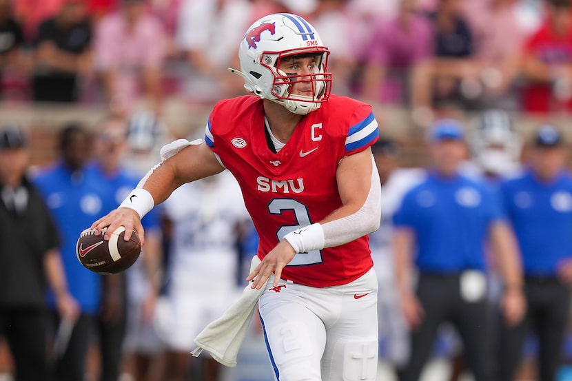 SMU quarterback Preston Stone (2) throws a pass during the first half of an NCAA football...