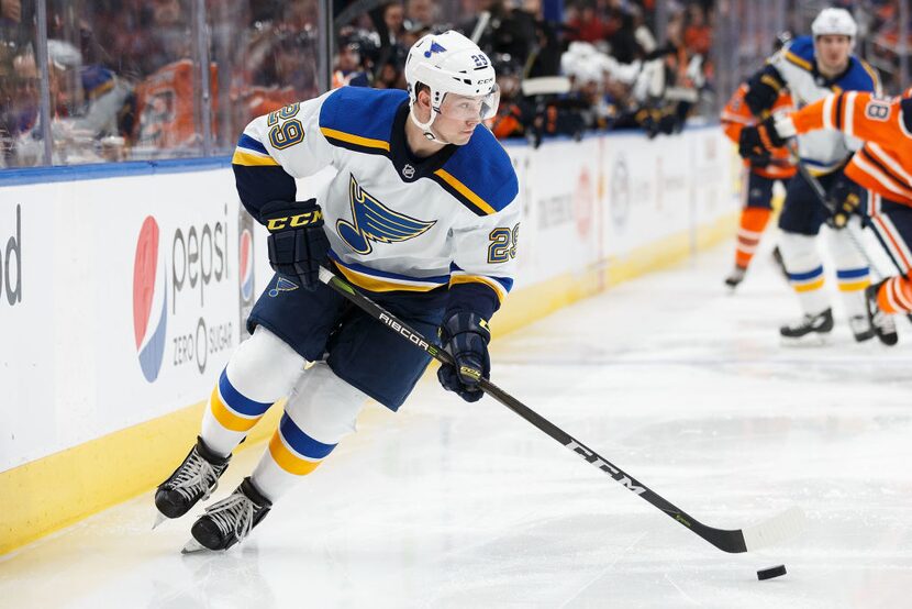 EDMONTON, AB - DECEMBER 21: Vince Dunn #29 of the St. Louis Blues skates against the...