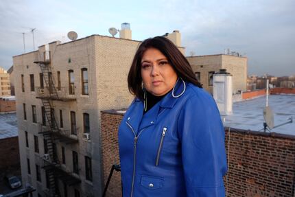 Playwright Virginia Grise poses on the rooftop of her apartment in the Bronx in 2017.