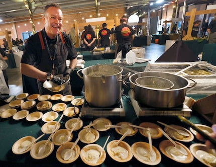 Salum Restaurant chef Abraham Salum makes samples of pumpkin and ricotta ravioli at his...