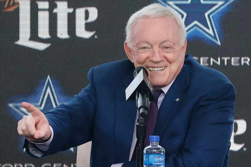 Dallas Cowboys owner Jerry Jones addresses the media at The Star in Frisco, Texas after...