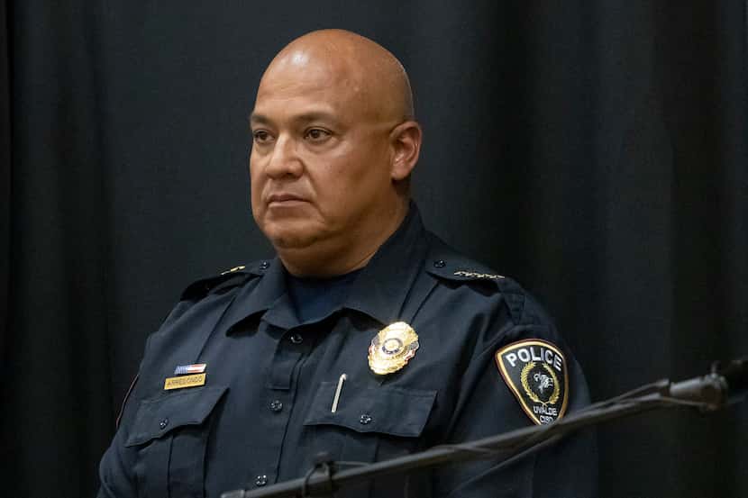 Uvalde schools police Chief Pedro “Pete” Arredondo speaks during a press conference at...