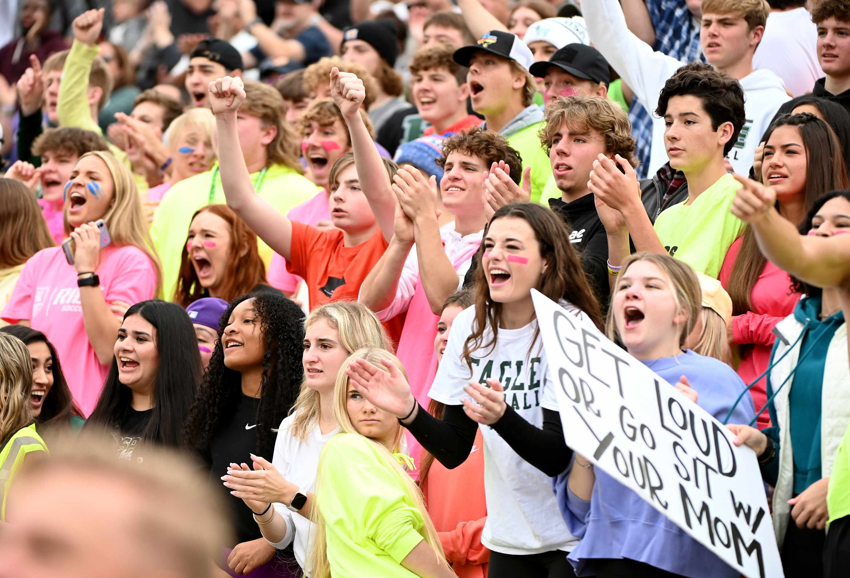 Prosper students cheer in the first half of a Class 6A Division II Region I final high...