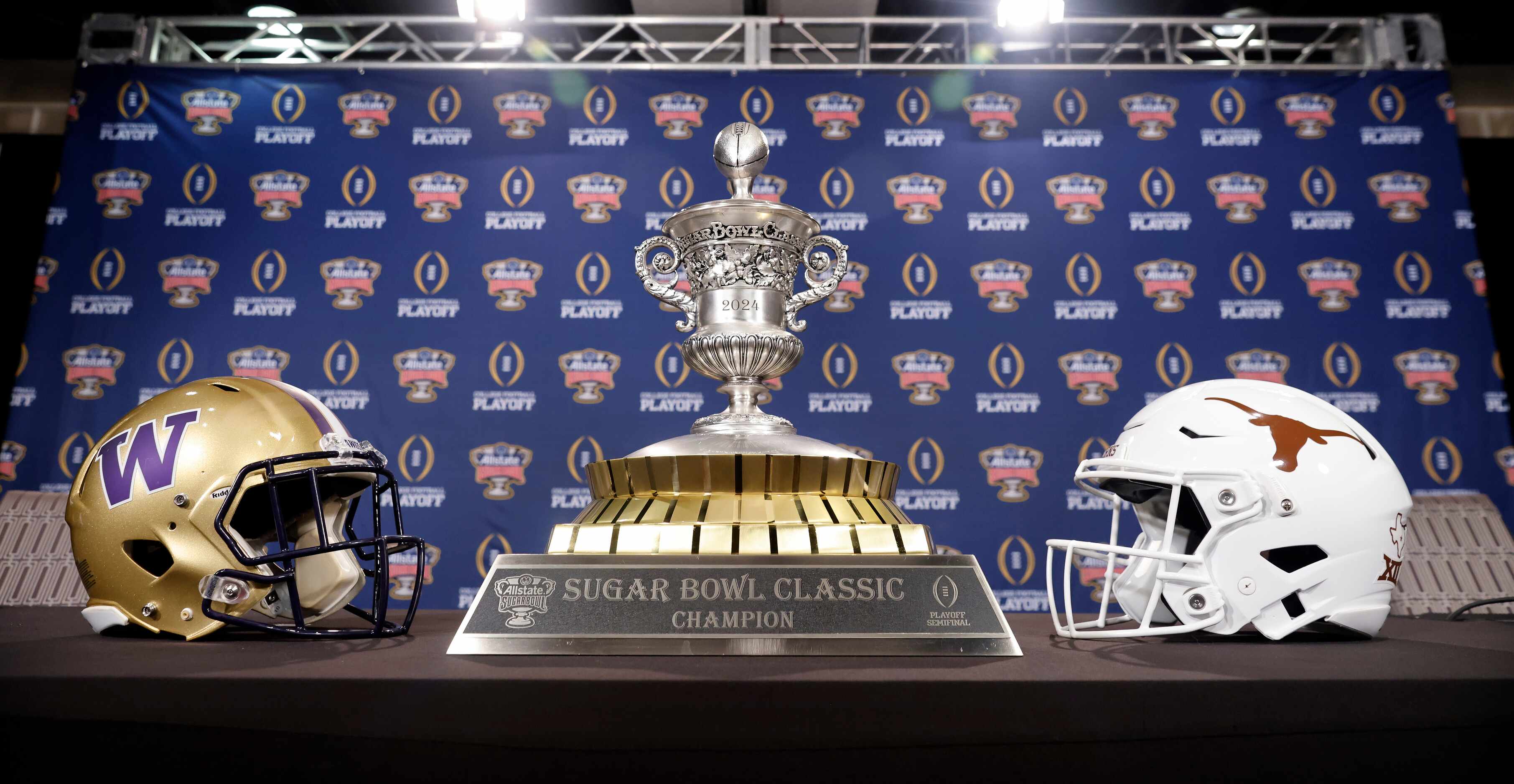 The helmets of the Washington Huskies Texas Longhorns face one another with the Sugar Bowl...