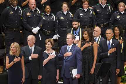 From left, Jill Biden, Vice President  Joe Biden, Laura Bush, former President George W....
