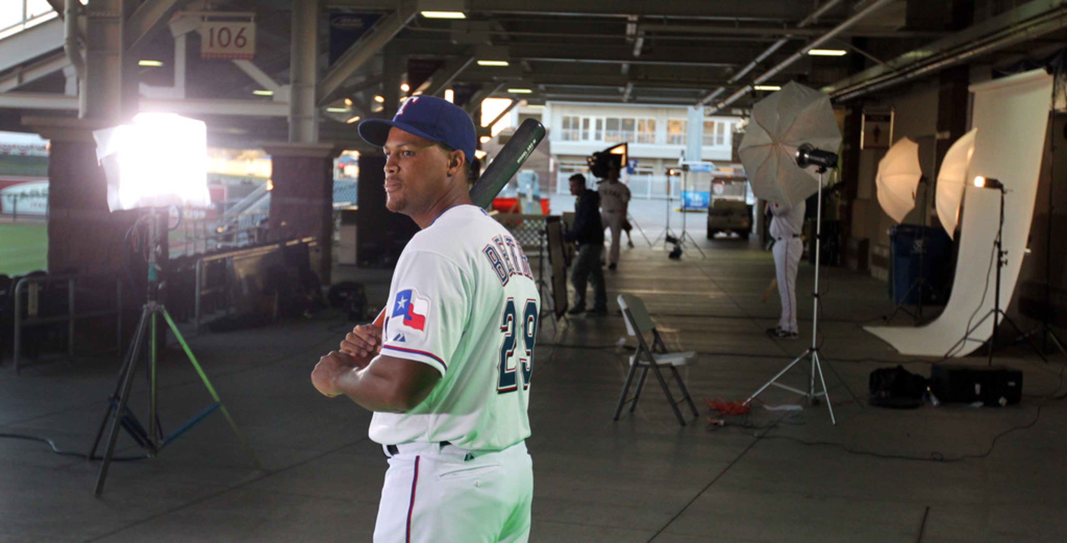 Adrian Beltre poses for video and photographs at "Picture Day" during Texas Rangers Spring...