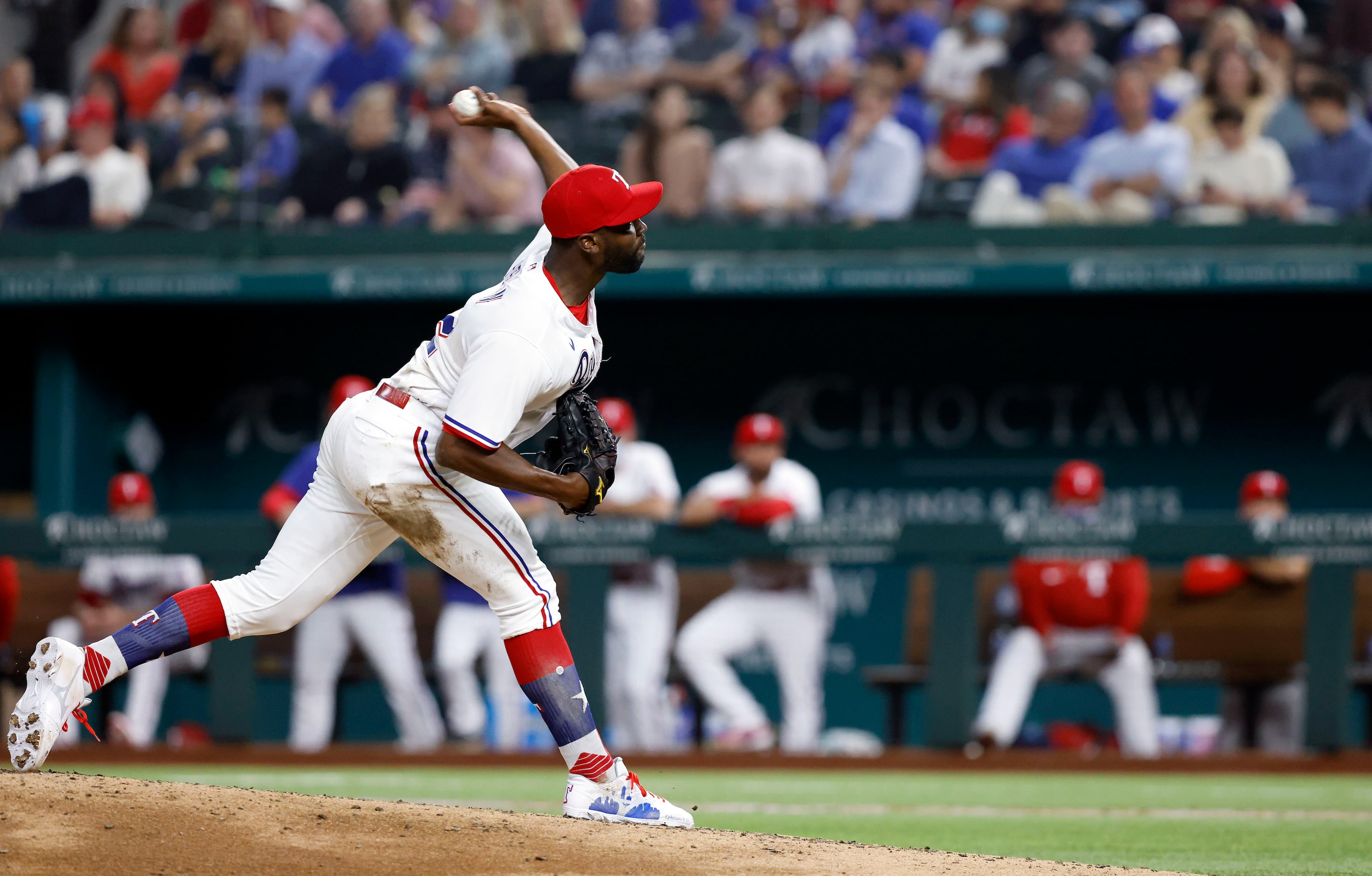 Texas Rangers starting pitcher Taylor Hearn (52) throws against the Toronto Blue Jays during...