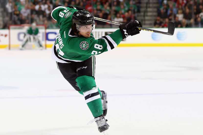 DALLAS, TX - MARCH 11:  Stephen Johns #28 of the Dallas Stars takes a shot against the...