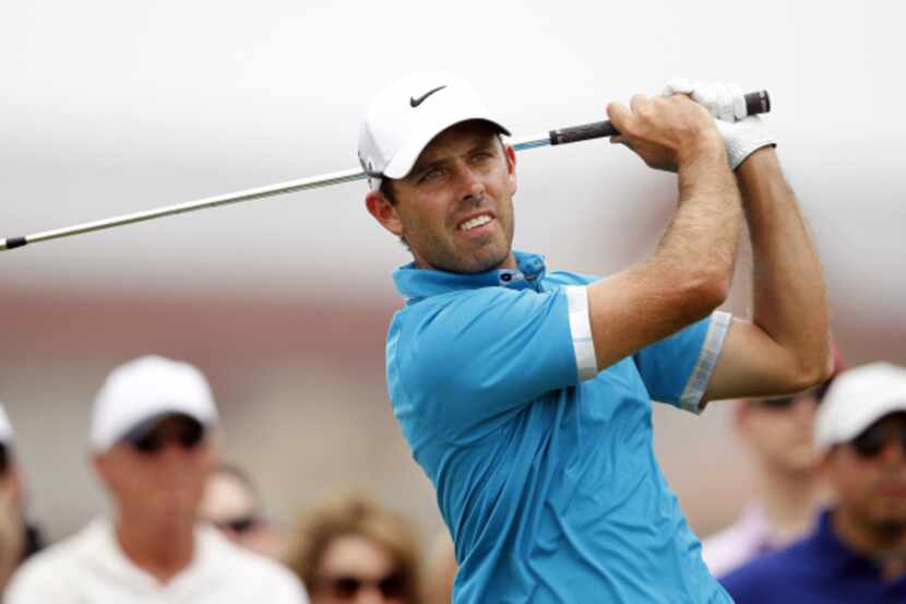 Charl Schwartzel tees off the 18th hole during the final round of the Byron Nelson...