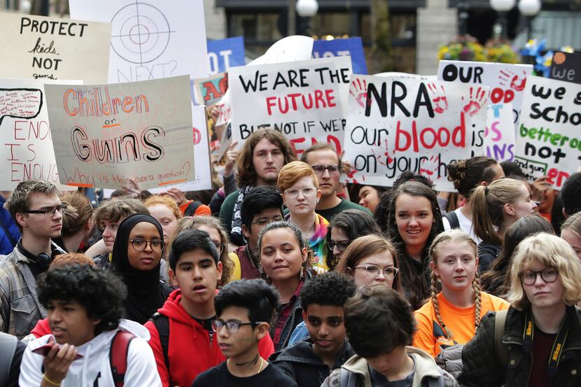 Students gather at Occidental Square on the 19th anniversary of the Columbine shooting, for...