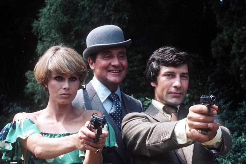 From left, Joanna Lumley as Purdey, Patrick MacNee as John Steed and Gareth Hunt as Mike...