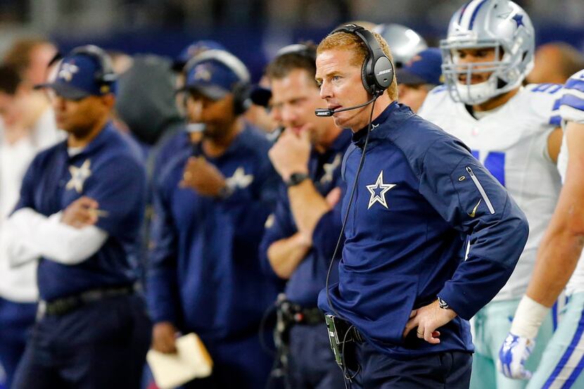 Dallas Cowboys head coach Jason Garrett shows his frustration on the sideline in the first...