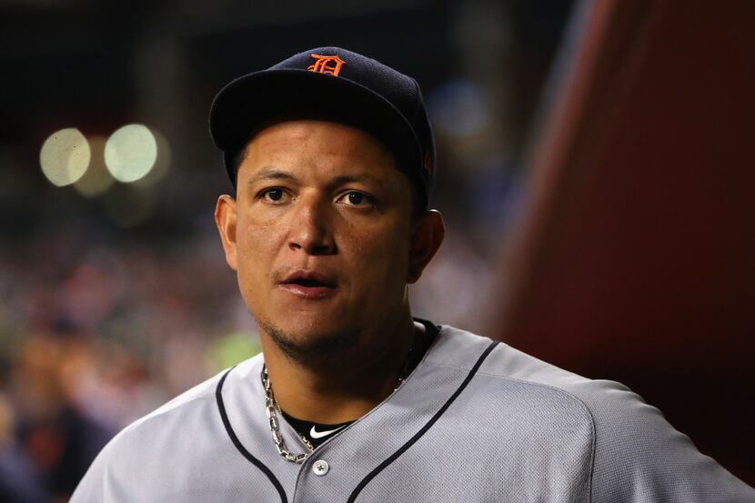 PHOENIX, AZ - MAY 09:  Miguel Cabrera #24 of the Detroit Tigers stands in the dugout during...