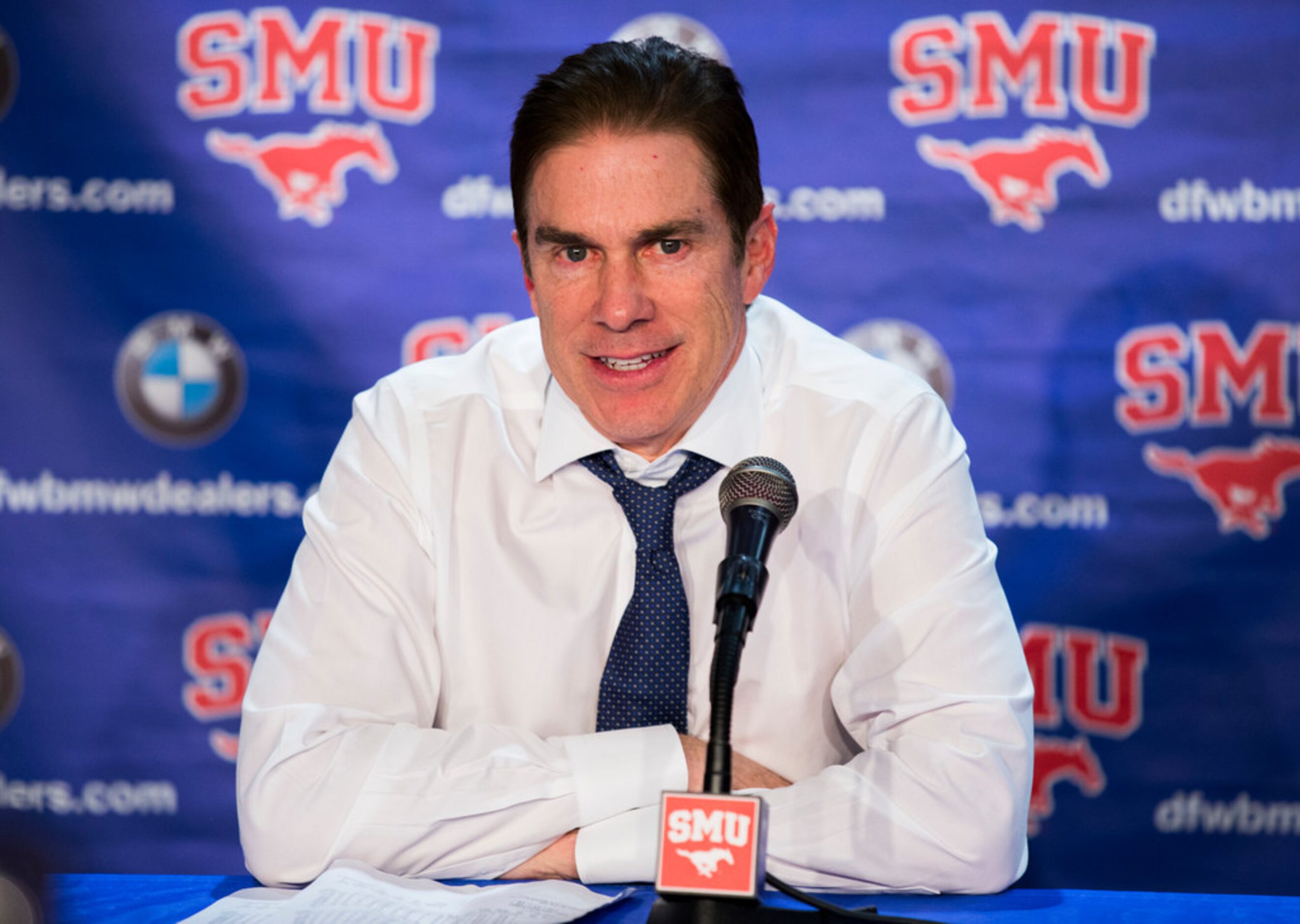 Southern Methodist Mustangs head coach Tim Jankovich answers questions from reporters after...