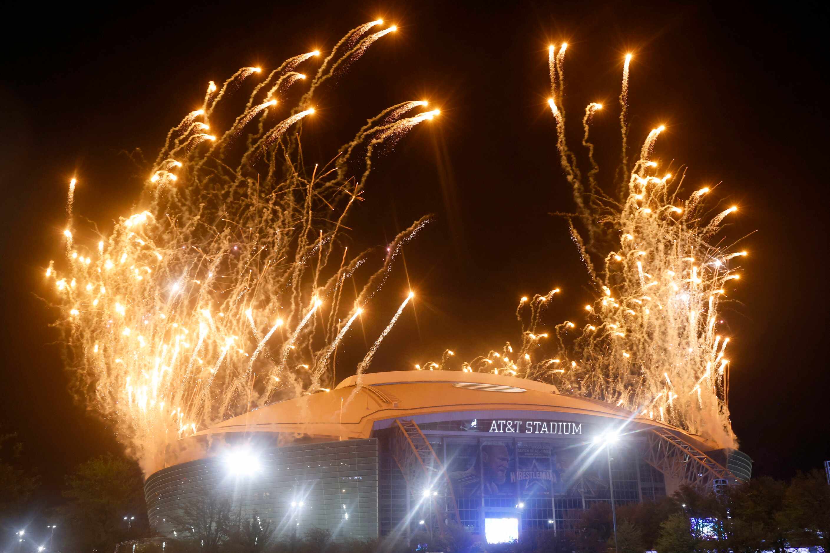 Fireworks go off over AT&T Stadium after WrestleMania in Arlington, Texas on Sunday, April...