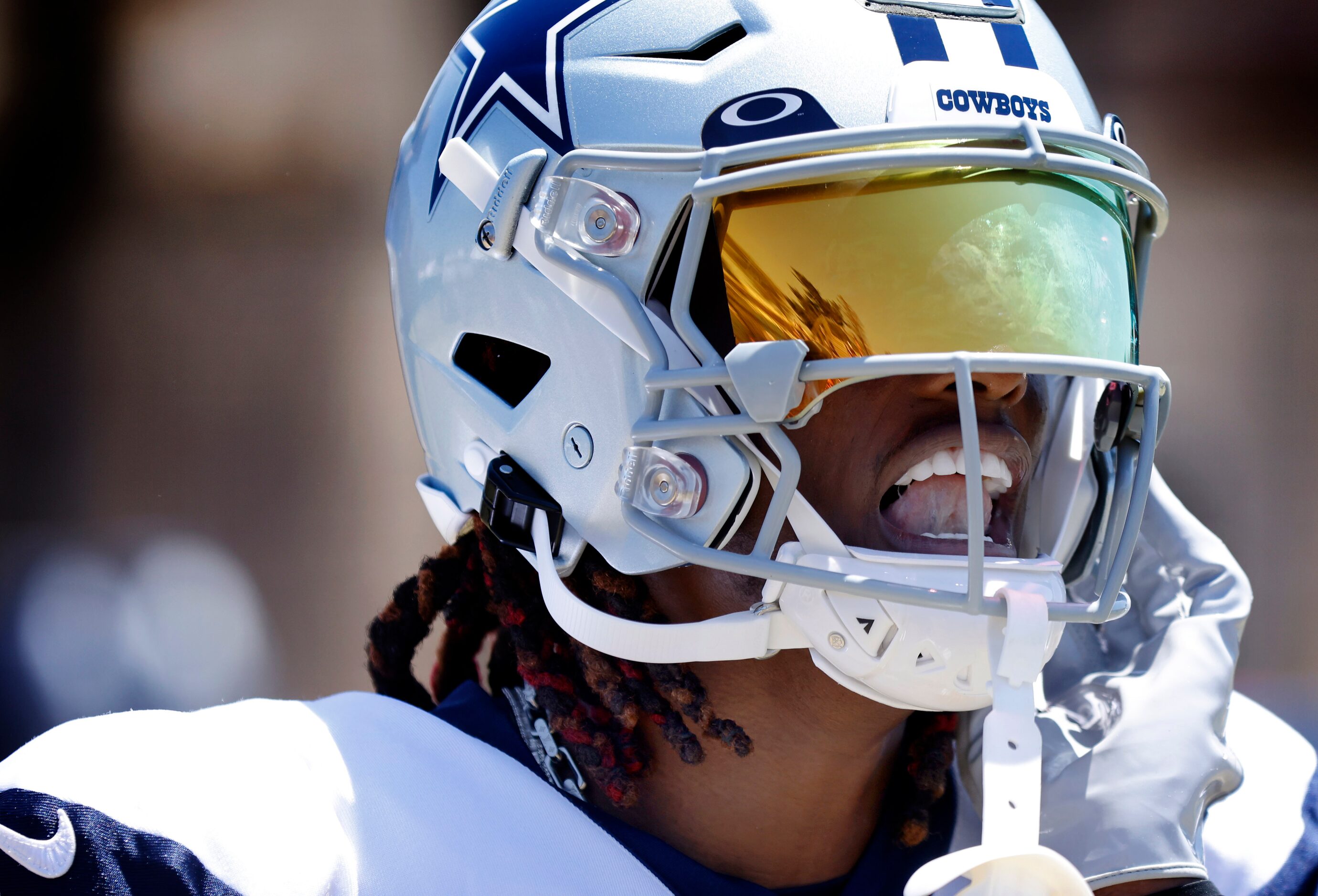 Dallas Cowboys wide receiver CeeDee Lamb (88) yells to his teammates after making a pass...