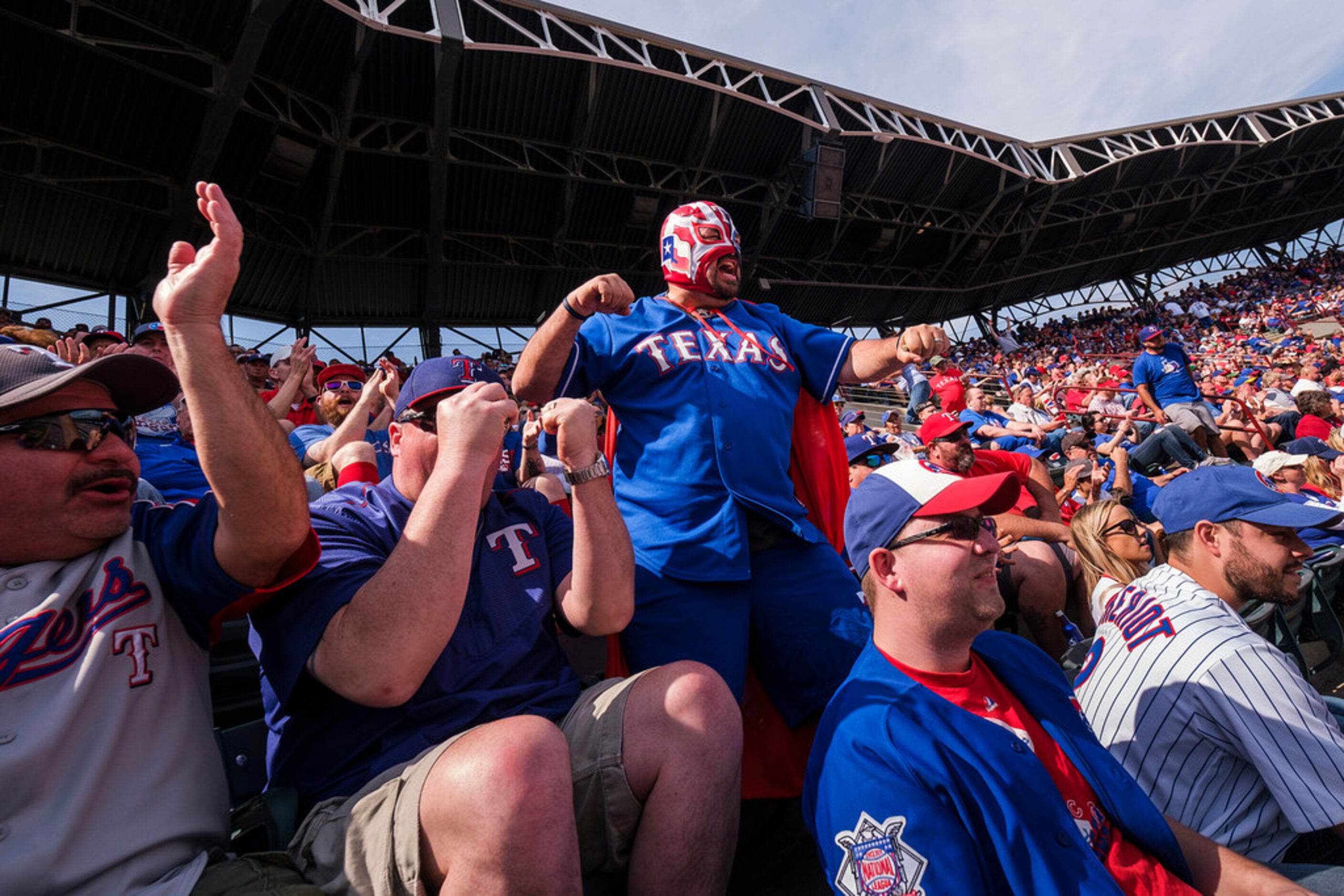 Ã’El Nacho RangerÃ cheers an out during the second inning of the Texas Rangers opening day...