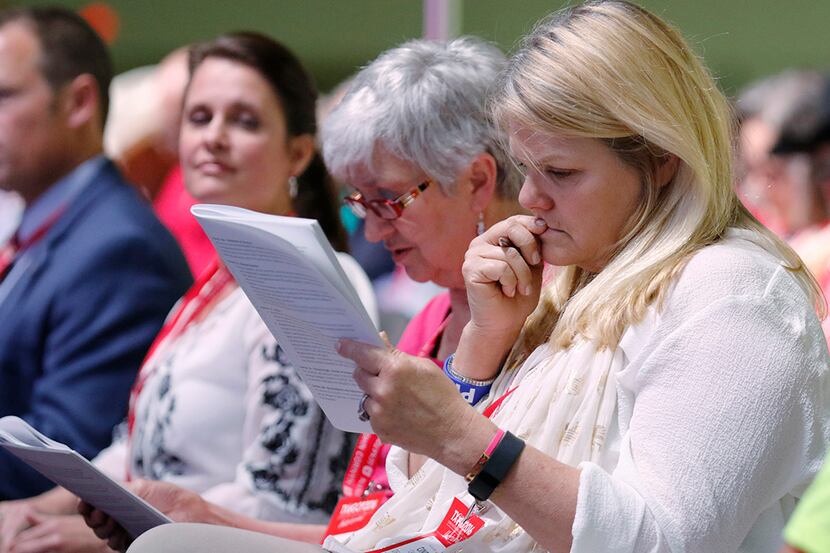  Delegates Cindi Castilla (right) and Barbara J. Stauffer studied the rules during the state...