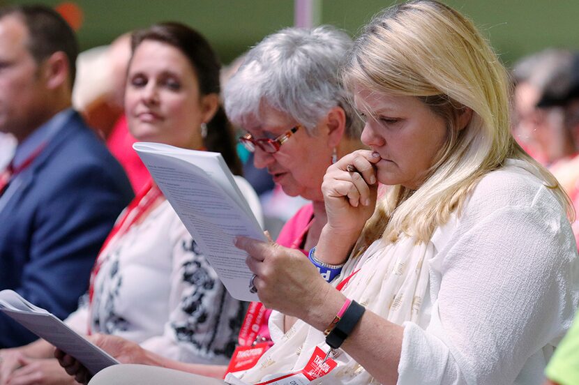  Delegates Cindi Castilla (right) and Barbara J. Stauffer studied the rules during the state...