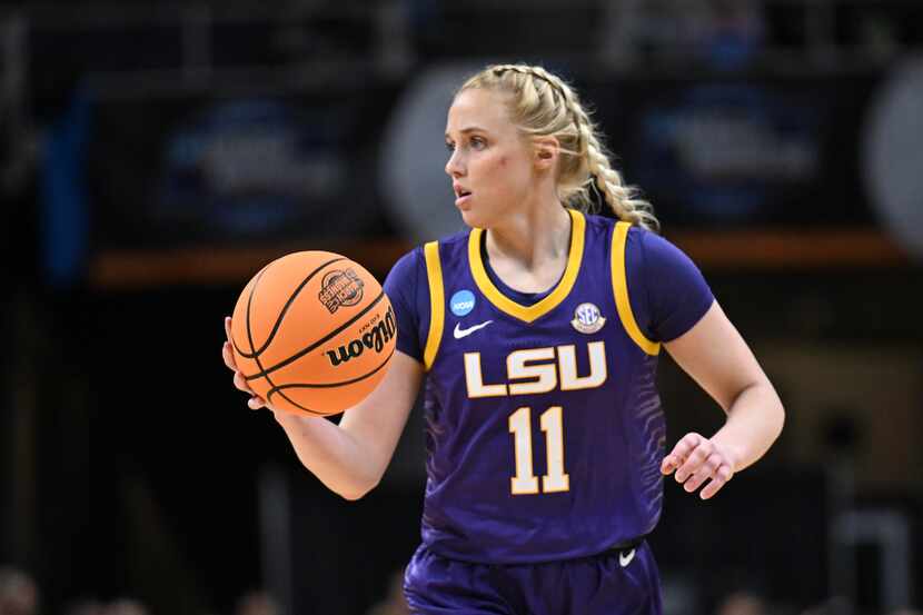 LSU guard Hailey Van Lith (11) moves the ball during the first half of a Sweet 16 college...