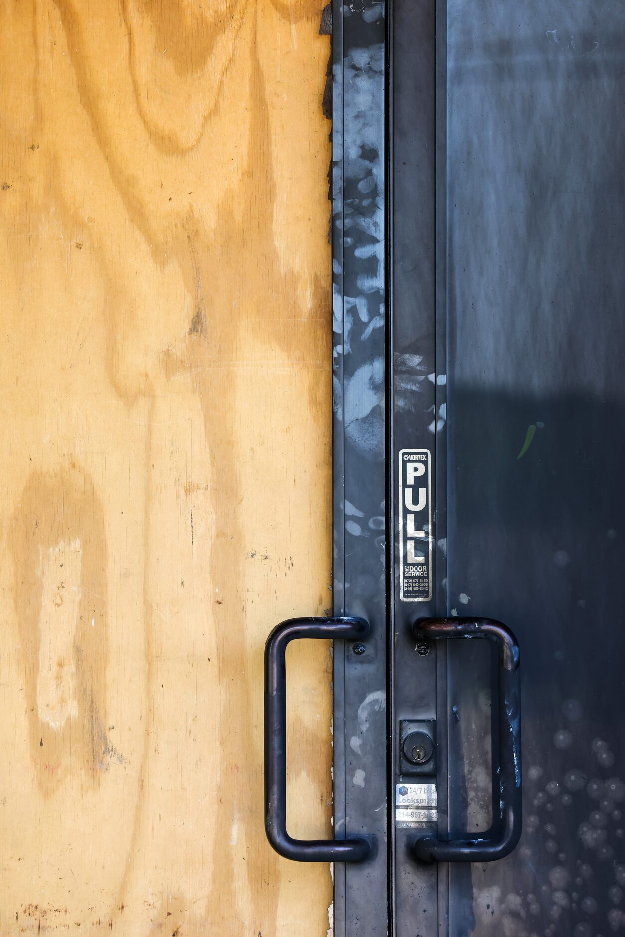 Damage to the doorway of Community Unitarian Universalist Church of Plano is visible on...