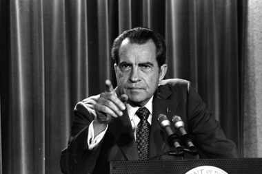 In this March 15, 1973, photo, President Nixon tells a White House news conference that he...