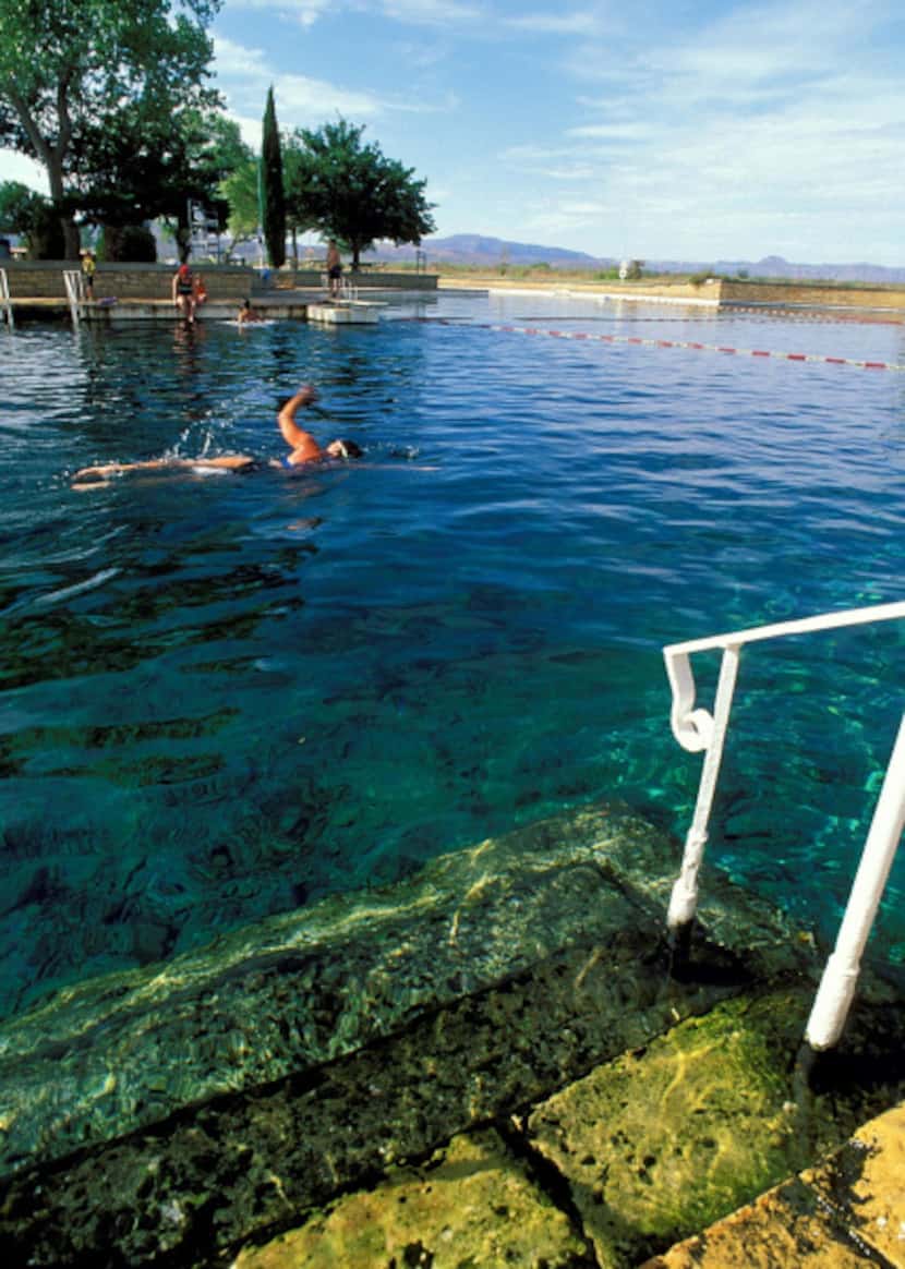 Swimmers share the huge pool at Balmorhea State Park in Toyahvale with fish, turtles and...