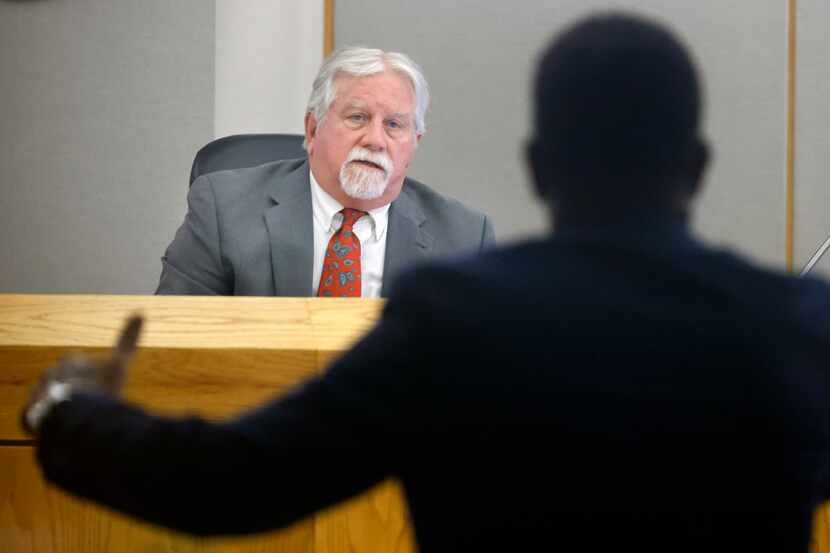 Visiting Judge Jim Pruitt listens to attorney Heath Harris’ arguments in the recusal hearing...
