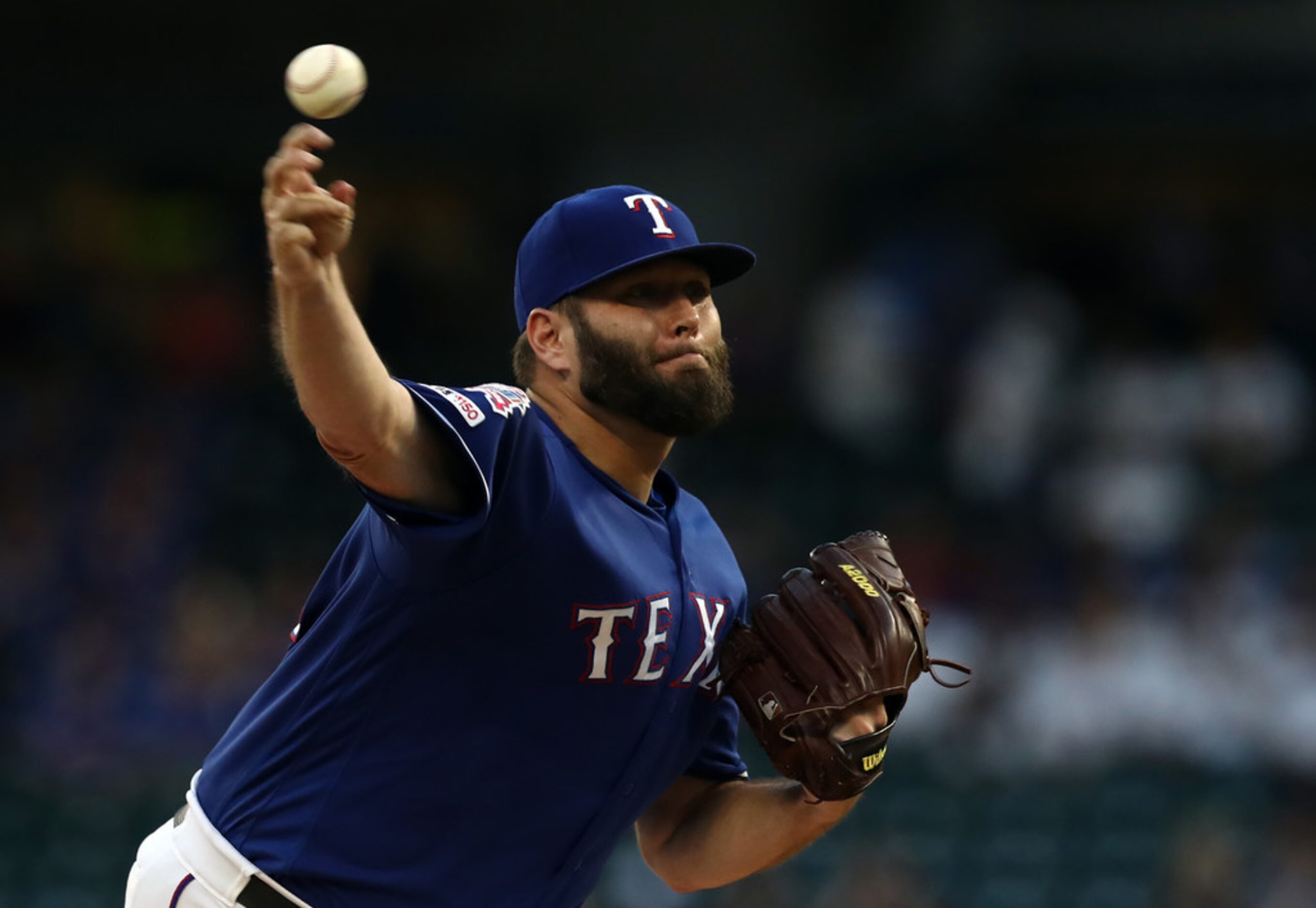 ARLINGTON, TEXAS - SEPTEMBER 10:  Lance Lynn #35 of the Texas Rangers throws against the...