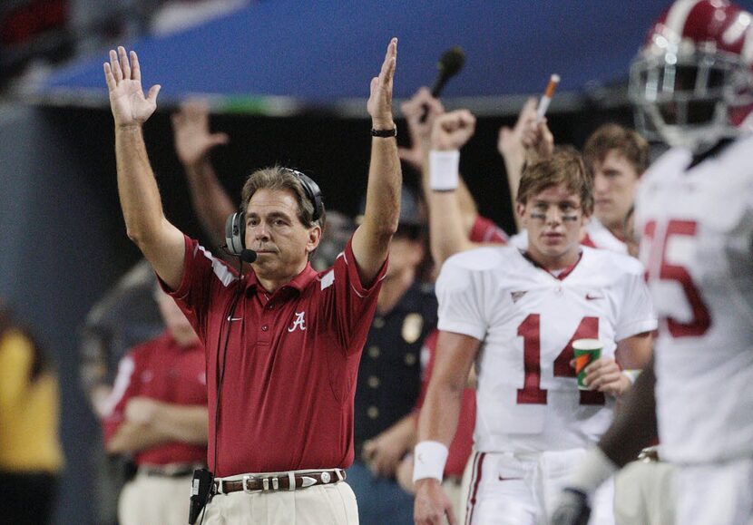  In this Aug. 30, 2008, file photo, Alabama coach Nick Saban reacts after a first quarter...