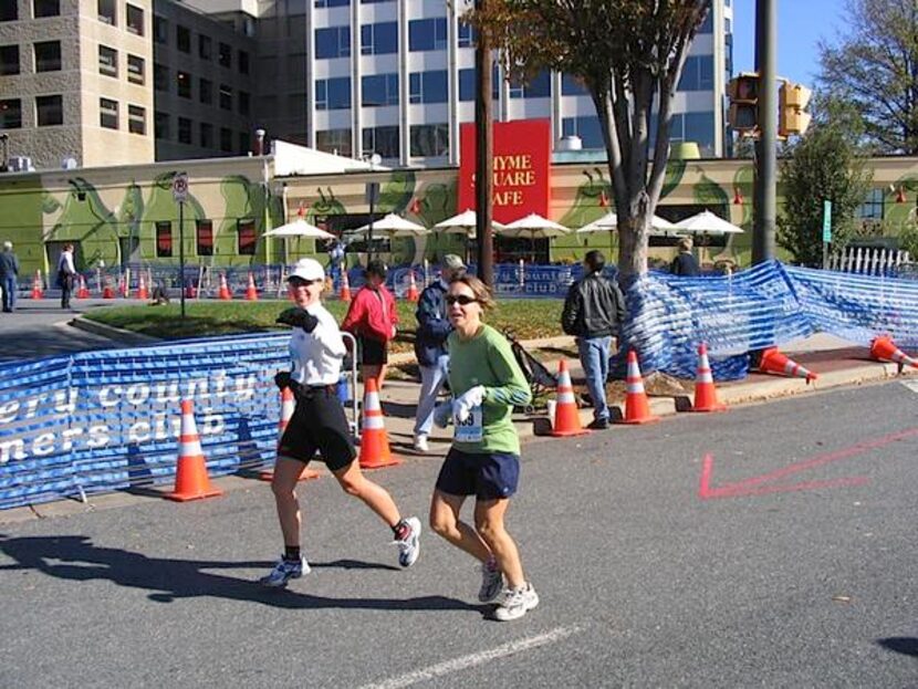 
Carla Hoffman (left) runs the East Coast Marathon.
