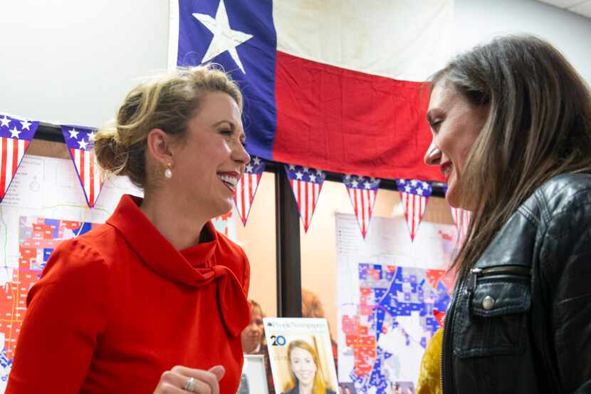 District 32 congressional candidate Genevieve Collins (left) celebrates with her best...