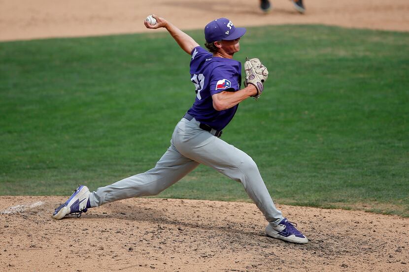 TCU's Augie Mihlbauer throws a pitch during the Big 12 baseball tournament game between TCU...