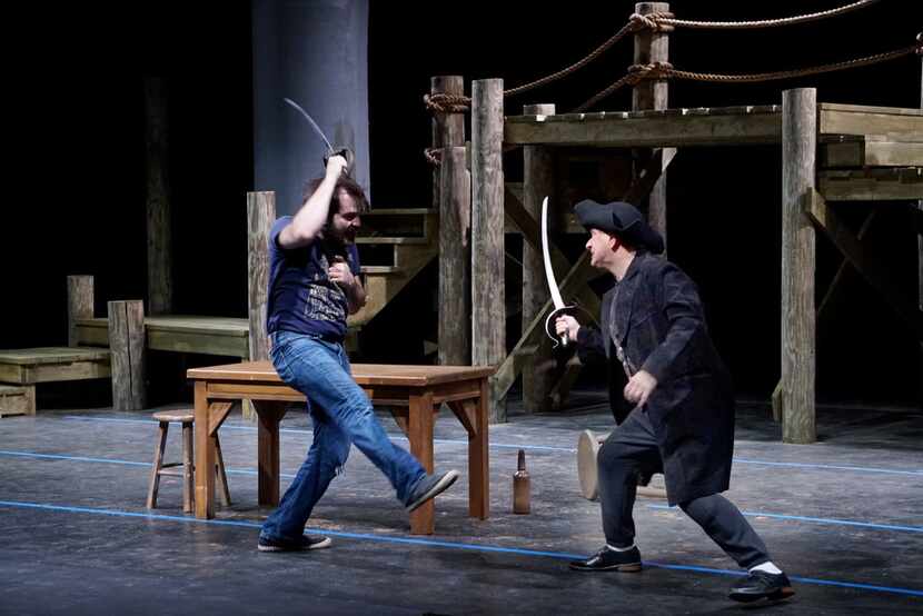 Jeffrey Colangelo and Karl Schaeffer rehearse a scene during rehearsal of "Treasure Island"...