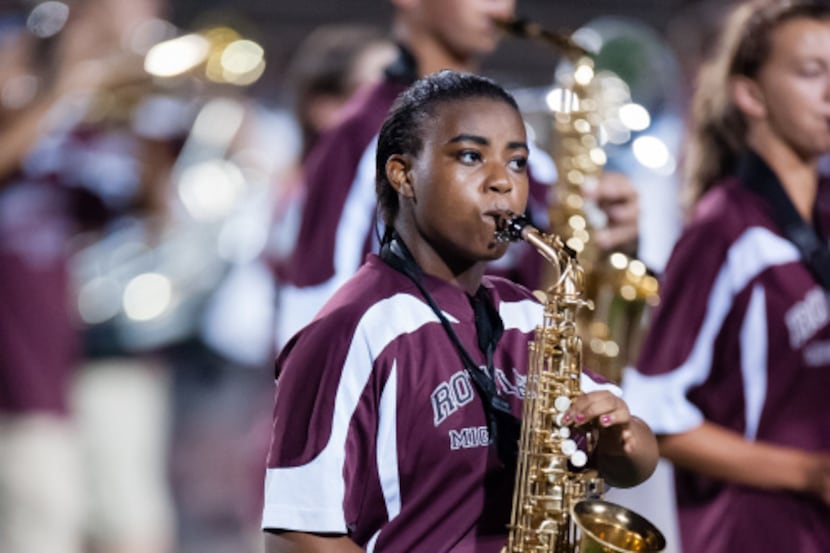 A Rowlett saxophonist performs during a game against North Mesquite in August. Rowlett was...