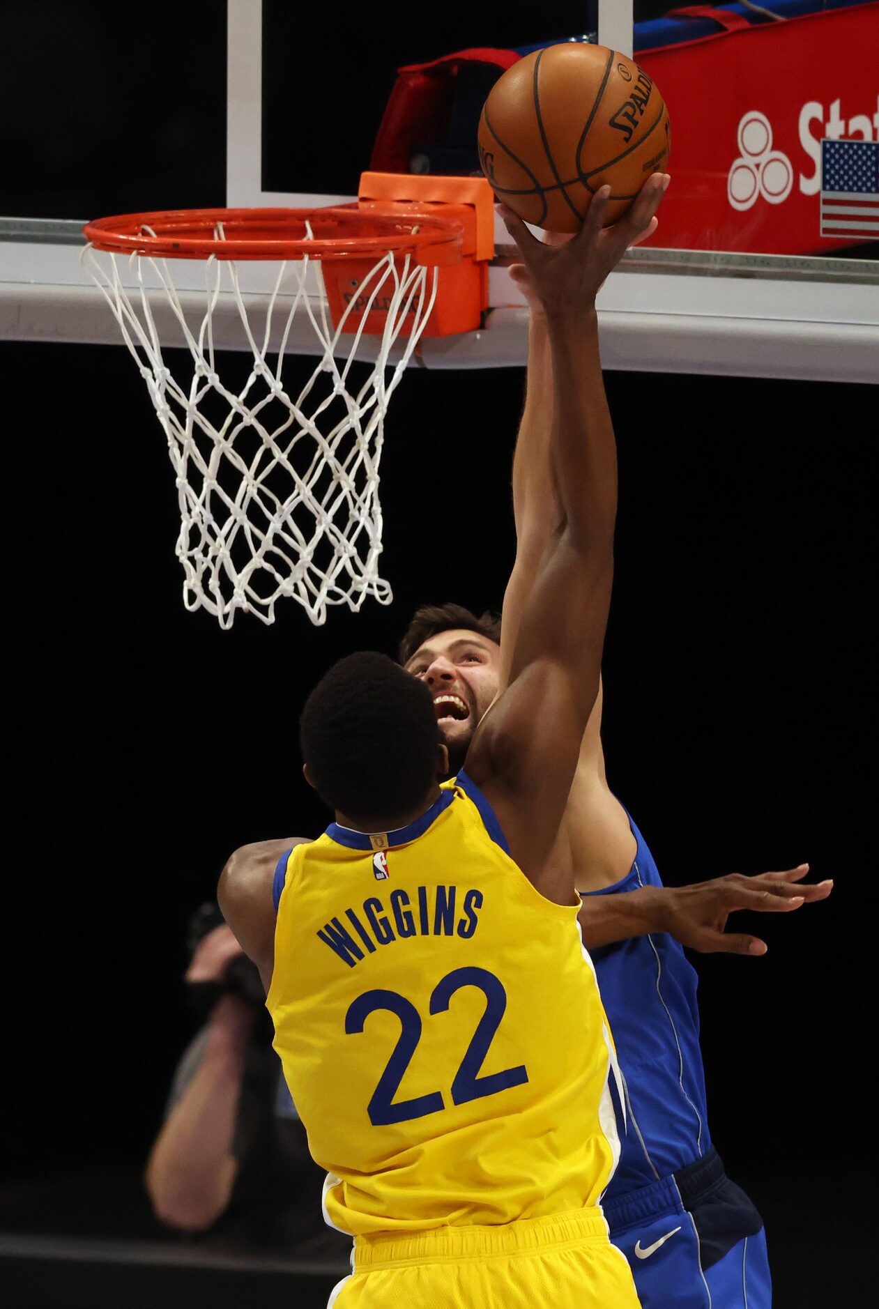 Dallas Mavericks forward Maxi Kleber (42) blocks a shot from Golden State Warriors forward...