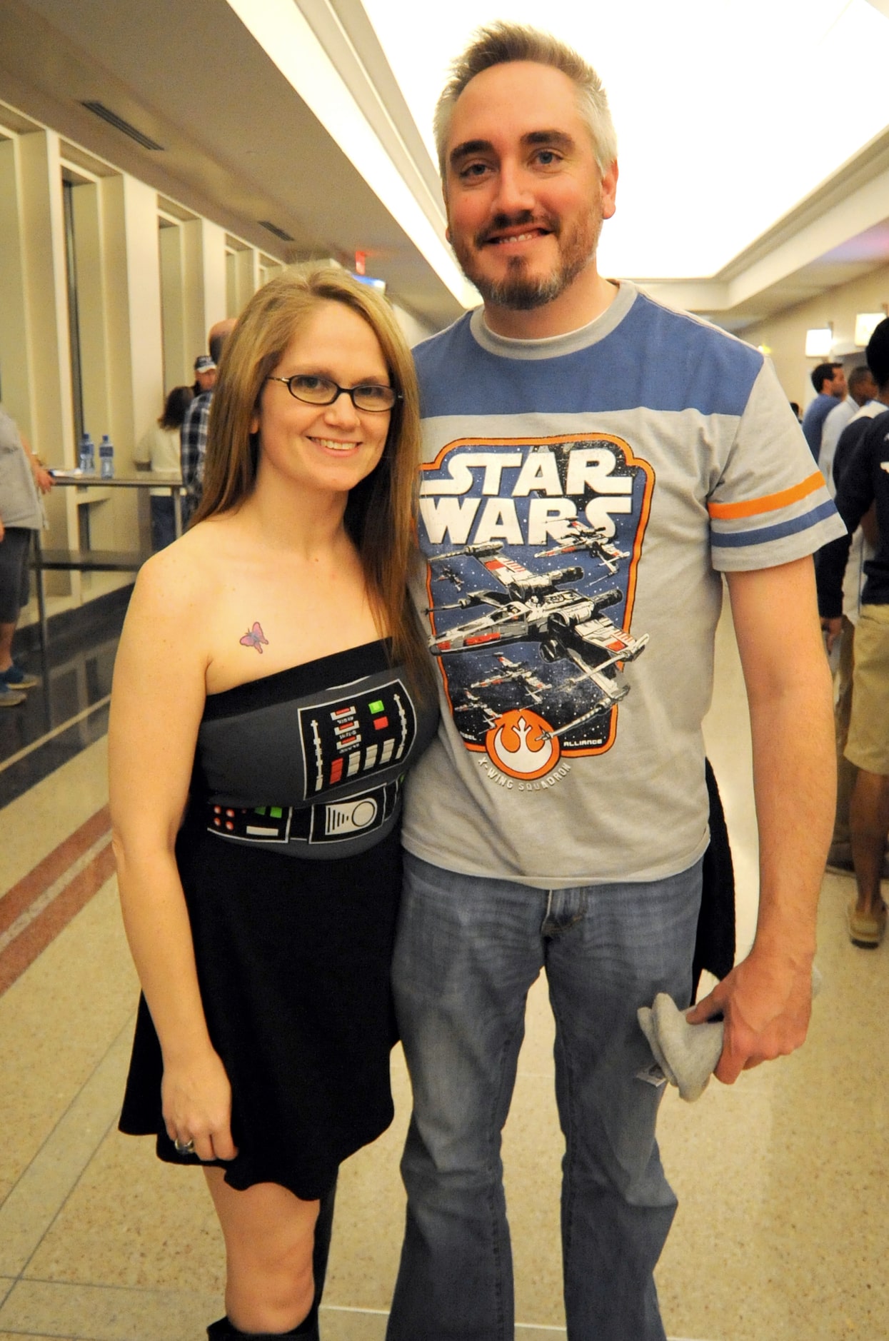 Star Wars fans April and John Vandine at Star Wars night at the Dallas Mavericks basketball...