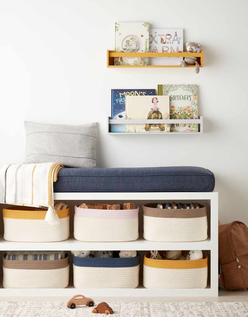 The collection includes three items to organize a nursery: shelf, basket and zipper bag,...