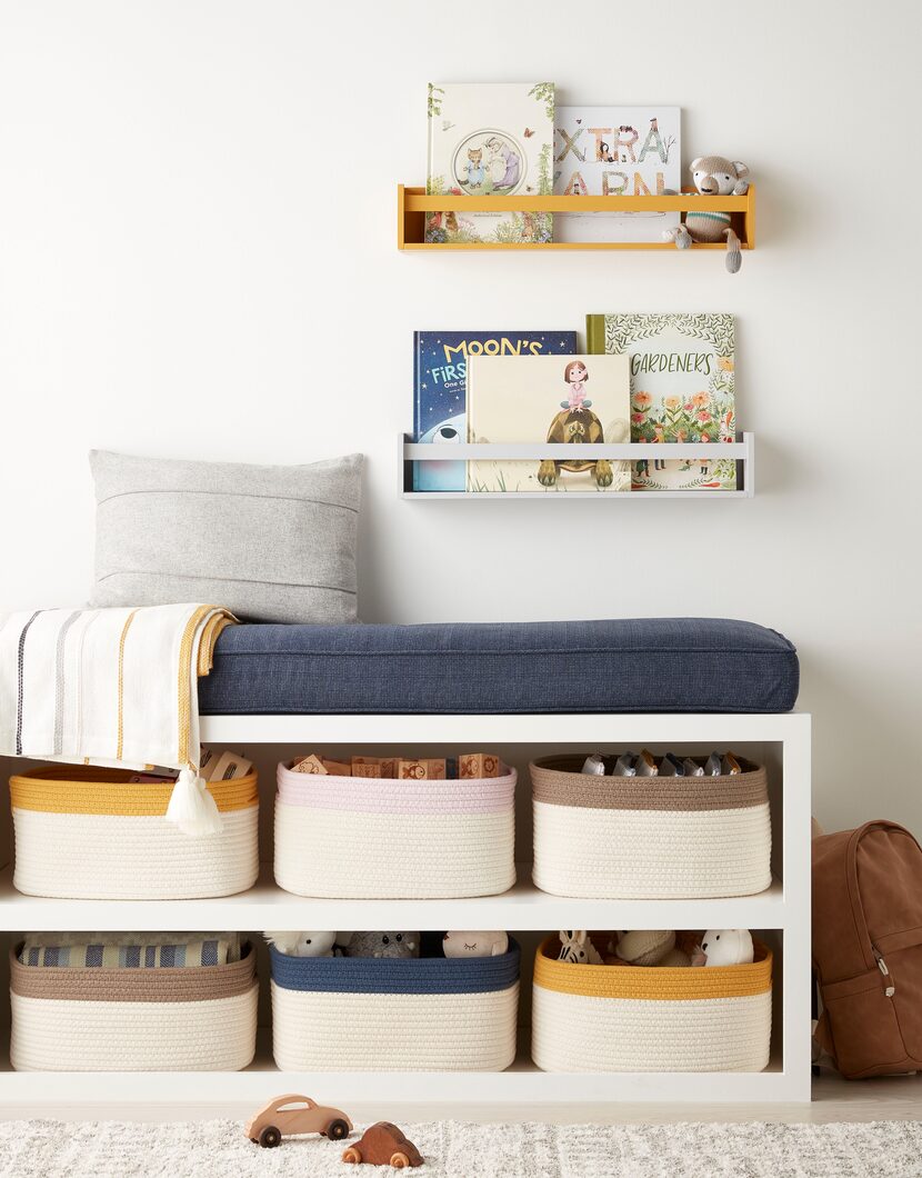 The collection includes three items to organize a nursery: shelf, basket and zipper bag,...