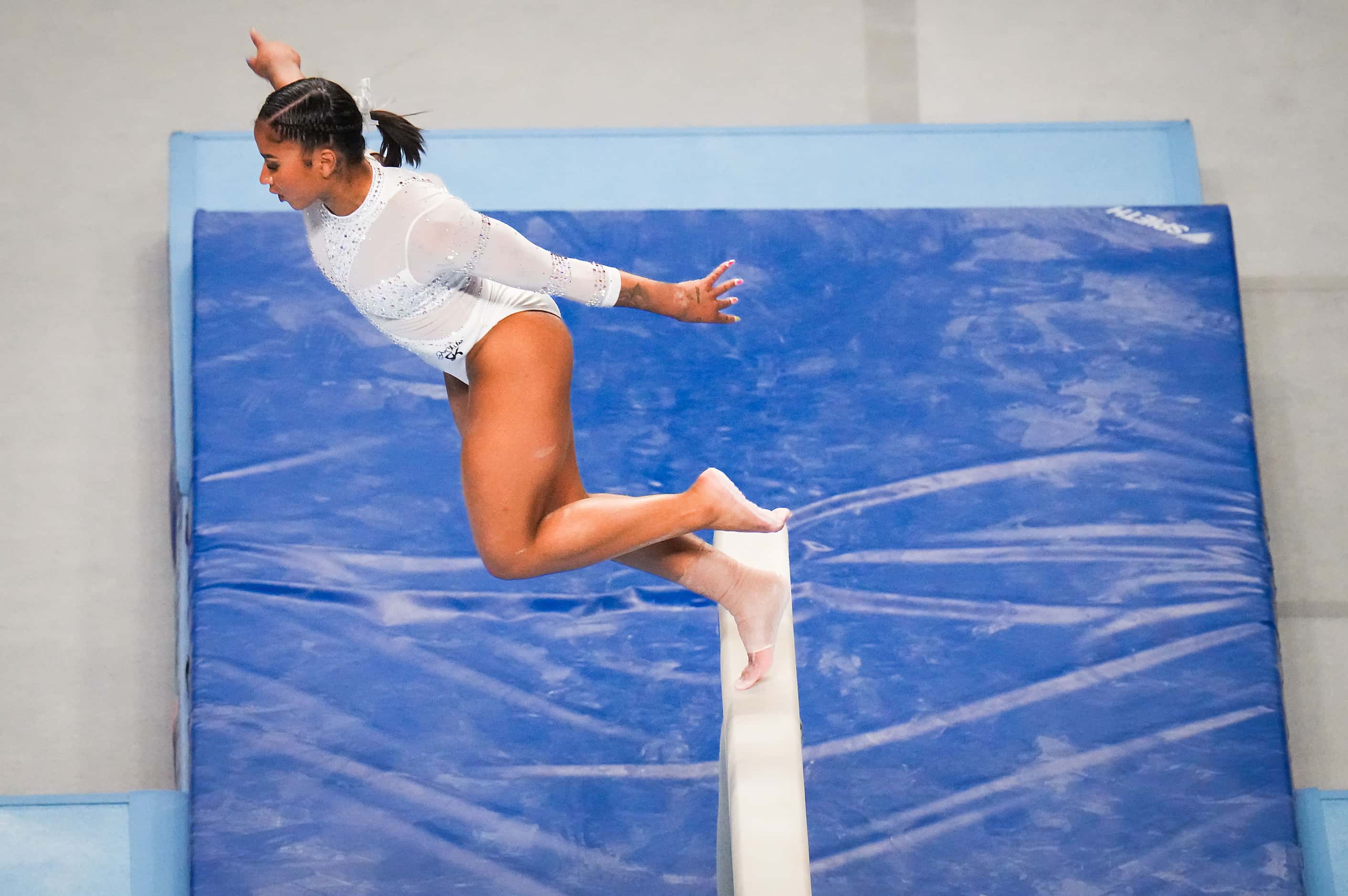 Jordan Chiles slips off the balance beam during the U.S. Gymnastics Championships on Sunday,...