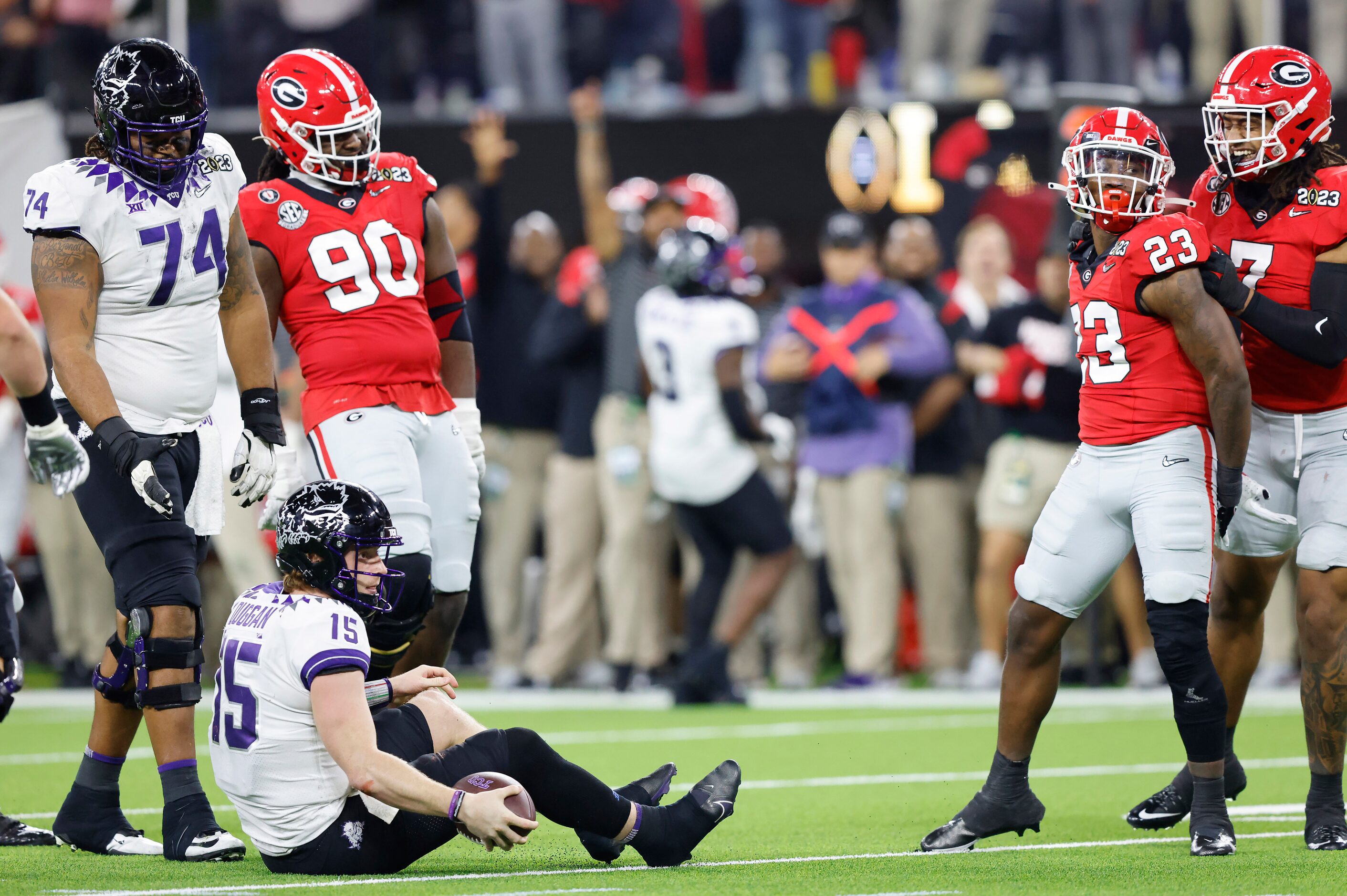 Georgia Bulldogs defensive back Tykee Smith (23) celebrates his fourth quarter sack of TCU...